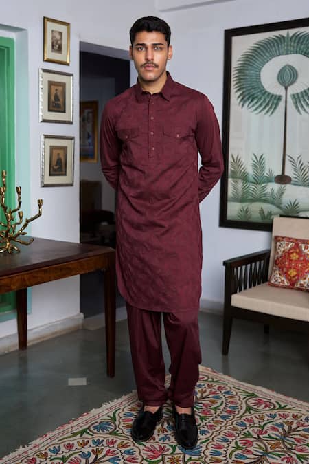 Shop Philocaly Maroon Cotton, Lycra Embroidery Geometric Pathani Kurta Online at Aza Fashions Shop_Philocaly_Maroon Cotton, Lycra Embroidery Geometric Pathani Kurta _Online_at_Aza_Fashions