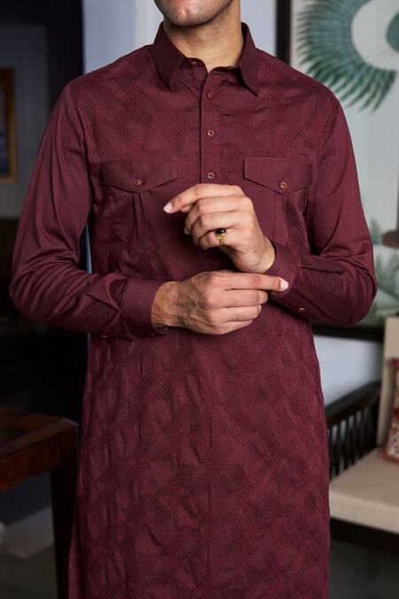 Philocaly Maroon Cotton, Lycra Embroidery Geometric Pathani Kurta at Aza Fashions Philocaly_Maroon Cotton, Lycra Embroidery Geometric Pathani Kurta _at_Aza_Fashions