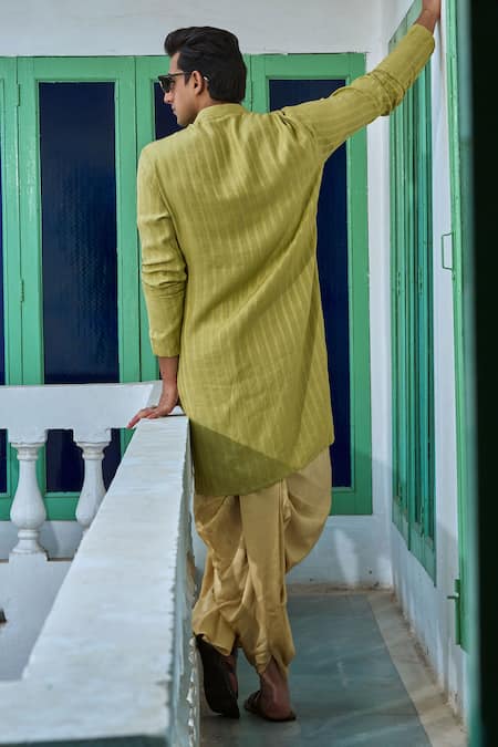 Shop Philocaly Green Linen, Satin Embroidery Flora Motif Kurta at Aza Fashions Shop_Philocaly_Green Linen, Satin Embroidery Flora Motif Kurta _at_Aza_Fashions