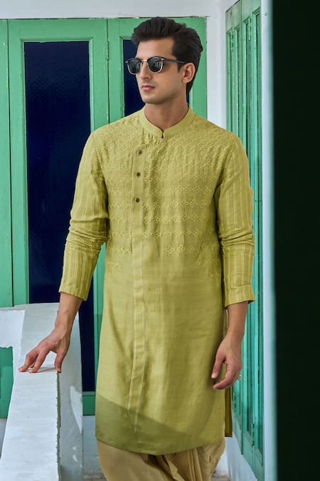 Philocaly Green Linen, Satin Embroidery Flora Motif Kurta Online at Aza Fashions Philocaly_Green Linen, Satin Embroidery Flora Motif Kurta _Online_at_Aza_Fashions