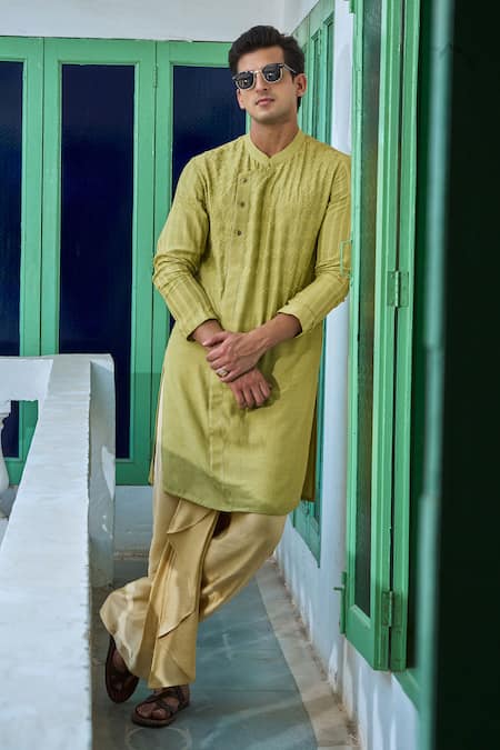 Shop Philocaly Green Linen, Satin Embroidery Flora Motif Kurta Online at Aza Fashions Shop_Philocaly_Green Linen, Satin Embroidery Flora Motif Kurta _Online_at_Aza_Fashions
