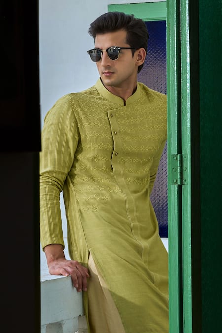 Buy Philocaly Green Linen, Satin Embroidery Flora Motif Kurta Buy_Philocaly_Green Linen, Satin Embroidery Flora Motif Kurta