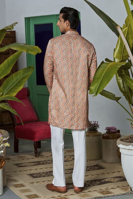 Shop_Philocaly_Orange Cotton, Silk Leaf Print Kurta _at_Aza_Fashions