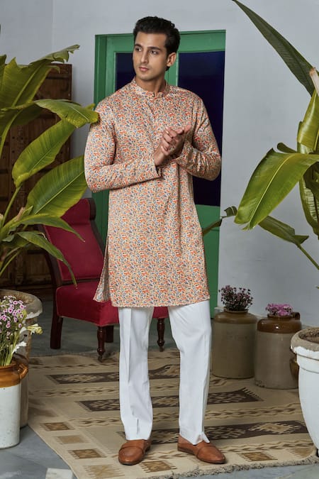 Philocaly_Orange Cotton, Silk Leaf Print Kurta _Online_at_Aza_Fashions