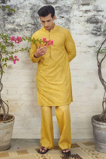 Philocaly Yellow Cotton, Silk Embroidery Florence Kurta Online at Aza Fashions Philocaly_Yellow Cotton, Silk Embroidery Florence Kurta_Online_at_Aza_Fashions