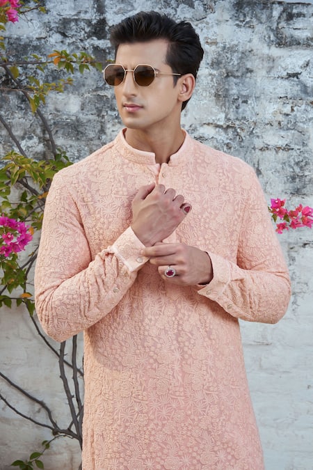 Shop Philocaly Peach Georgette Embroidery Gardenia Kurta at Aza Fashions Shop_Philocaly_Peach Georgette Embroidery Gardenia Kurta _at_Aza_Fashions