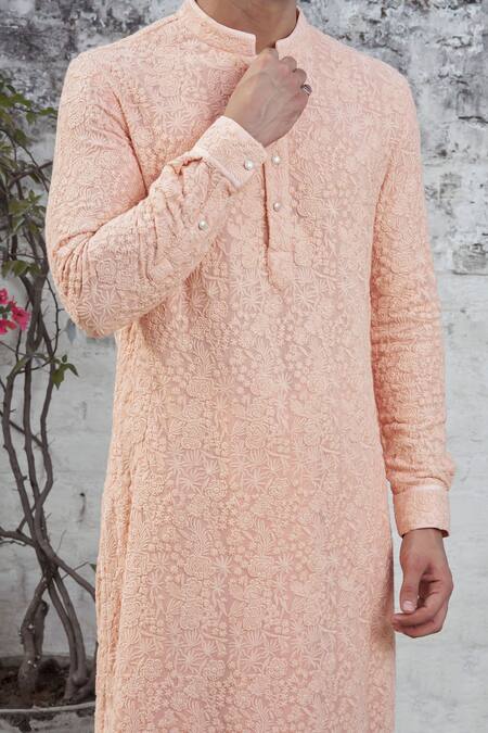 Philocaly Peach Georgette Embroidery Gardenia Kurta Online at Aza Fashions Philocaly_Peach Georgette Embroidery Gardenia Kurta _Online_at_Aza_Fashions