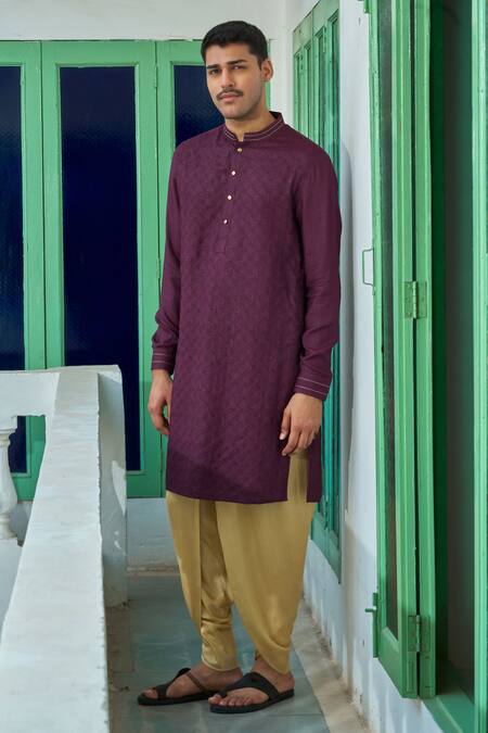 Philocaly Wine Cotton, Silk Embroidery Geometric Jaal Kurta Online at Aza Fashions Philocaly_Wine Cotton, Silk Embroidery Geometric Jaal Kurta_Online_at_Aza_Fashions