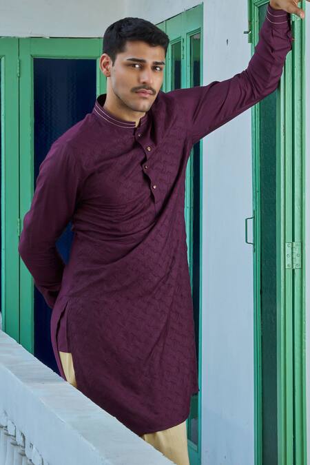 Buy Philocaly Wine Cotton, Silk Embroidery Geometric Jaal Kurta Online at Aza Fashions Buy_Philocaly_Wine Cotton, Silk Embroidery Geometric Jaal Kurta_Online_at_Aza_Fashions