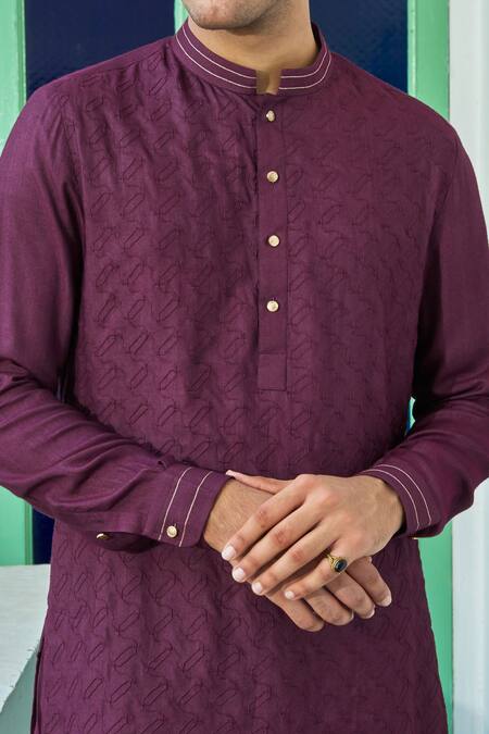 Shop Philocaly Wine Cotton, Silk Embroidery Geometric Jaal Kurta Online at Aza Fashions Shop_Philocaly_Wine Cotton, Silk Embroidery Geometric Jaal Kurta_Online_at_Aza_Fashions