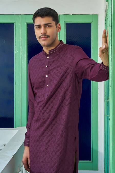 Philocaly Wine Cotton, Silk Embroidery Geometric Jaal Kurta at Aza Fashions Philocaly_Wine Cotton, Silk Embroidery Geometric Jaal Kurta_at_Aza_Fashions