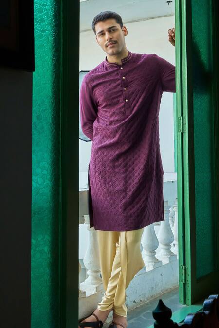 Buy Philocaly Wine Cotton, Silk Embroidery Geometric Jaal Kurta Buy_Philocaly_Wine Cotton, Silk Embroidery Geometric Jaal Kurta
