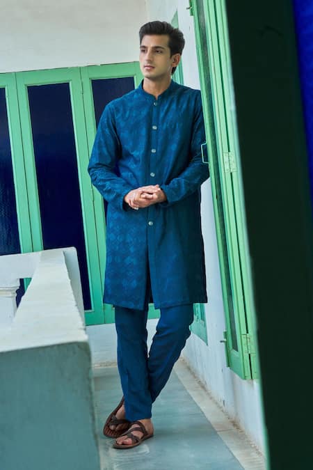 Philocaly Blue Chevron Bloom Embroidered Kurta Set 