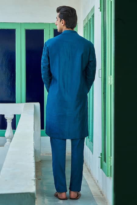 Philocaly Blue Chevron Bloom Embroidered Kurta Set 