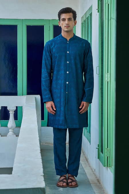 Philocaly Blue Cotton, Silk Embroidery Chevron Bloom Kurta Set Online at Aza Fashions Philocaly_Blue Cotton, Silk Embroidery Chevron Bloom Kurta Set _Online_at_Aza_Fashions