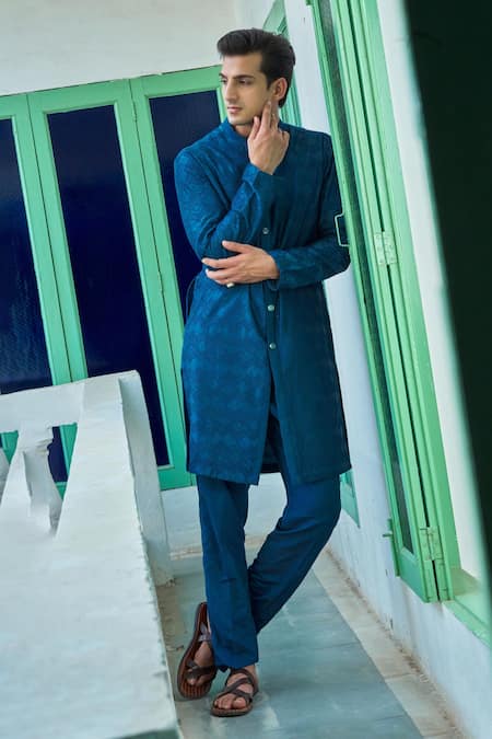 Buy Philocaly Blue Cotton, Silk Embroidery Chevron Bloom Kurta Set Online at Aza Fashions Buy_Philocaly_Blue Cotton, Silk Embroidery Chevron Bloom Kurta Set _Online_at_Aza_Fashions