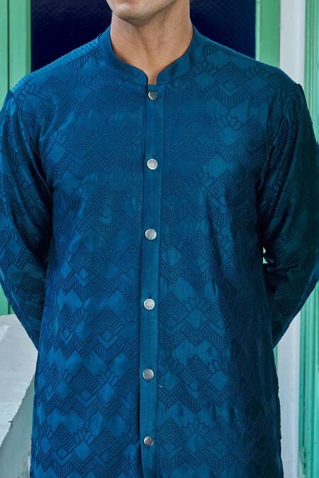 Shop Philocaly Blue Cotton, Silk Embroidery Chevron Bloom Kurta Set Online at Aza Fashions Shop_Philocaly_Blue Cotton, Silk Embroidery Chevron Bloom Kurta Set _Online_at_Aza_Fashions