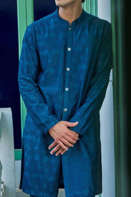 Philocaly Blue Cotton, Silk Embroidery Chevron Bloom Kurta Set at Aza Fashions Philocaly_Blue Cotton, Silk Embroidery Chevron Bloom Kurta Set _at_Aza_Fashions