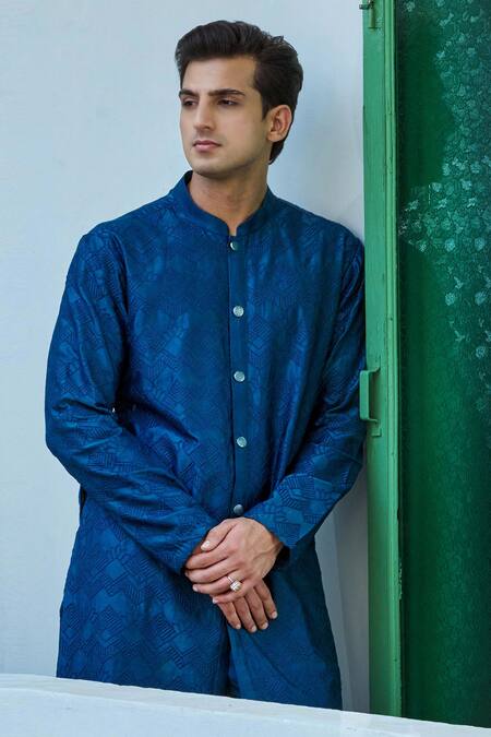 Buy Philocaly Blue Cotton, Silk Embroidery Chevron Bloom Kurta Set Buy_Philocaly_Blue Cotton, Silk Embroidery Chevron Bloom Kurta Set