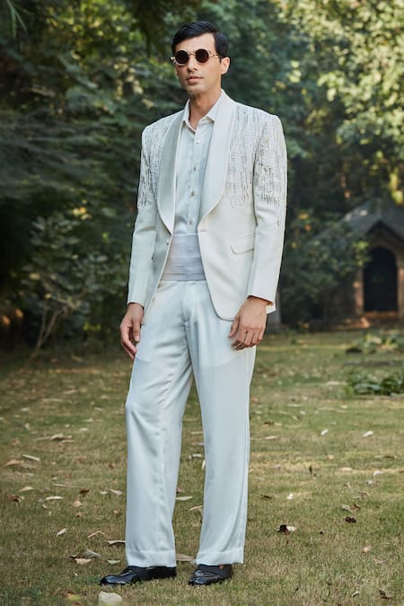 Bohame_Off White Terrycloth, Cotton Sequins Embroidered Tuxedo Set_Online_at_Aza_Fashions
