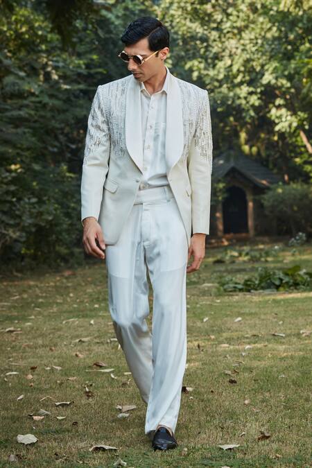 Buy_Bohame_Off White Terrycloth, Cotton Sequins Embroidered Tuxedo Set_Online_at_Aza_Fashions