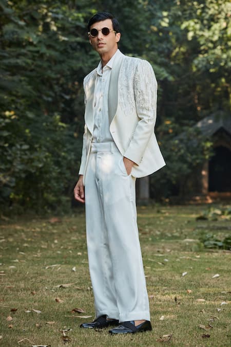 Shop_Bohame_Off White Terrycloth, Cotton Sequins Embroidered Tuxedo Set_Online_at_Aza_Fashions