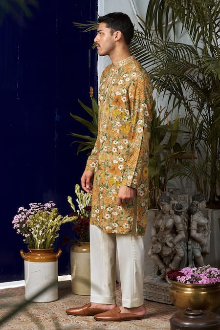 Philocaly_Orange Cotton, Silk Embroidery Multicolor Floral Printed Kurta _Online_at_Aza_Fashions