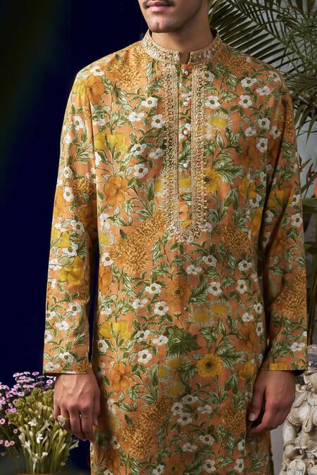 Buy_Philocaly_Orange Cotton, Silk Embroidery Multicolor Floral Printed Kurta _Online_at_Aza_Fashions