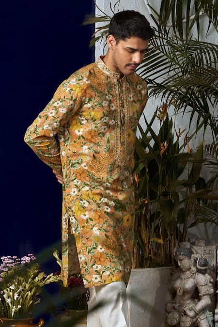 Shop_Philocaly_Orange Cotton, Silk Embroidery Multicolor Floral Printed Kurta _Online_at_Aza_Fashions