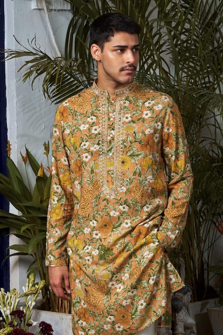 Philocaly_Orange Cotton, Silk Embroidery Multicolor Floral Printed Kurta _at_Aza_Fashions