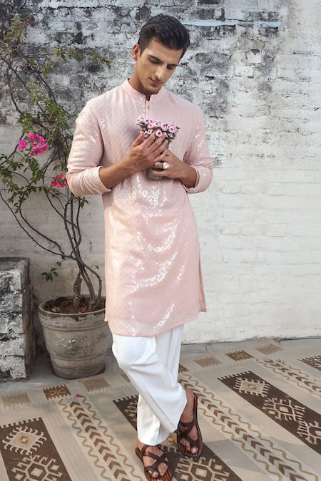 Shop Philocaly Pink Silk Sequins Embroidered Kurta at Aza Fashions Shop_Philocaly_Pink Silk Sequins Embroidered Kurta _at_Aza_Fashions
