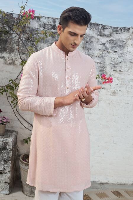 Shop Philocaly Pink Silk Sequins Embroidered Kurta Online at Aza Fashions Shop_Philocaly_Pink Silk Sequins Embroidered Kurta _Online_at_Aza_Fashions