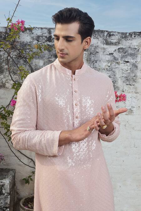 Philocaly Pink Silk Sequins Embroidered Kurta at Aza Fashions Philocaly_Pink Silk Sequins Embroidered Kurta _at_Aza_Fashions