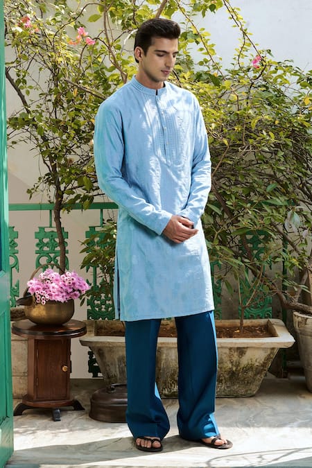 Shop Philocaly Blue Chanderi Mirrors, Embroidery Self Thread Kurta at Aza Fashions Shop_Philocaly_Blue Chanderi Mirrors, Embroidery Self Thread Kurta _at_Aza_Fashions