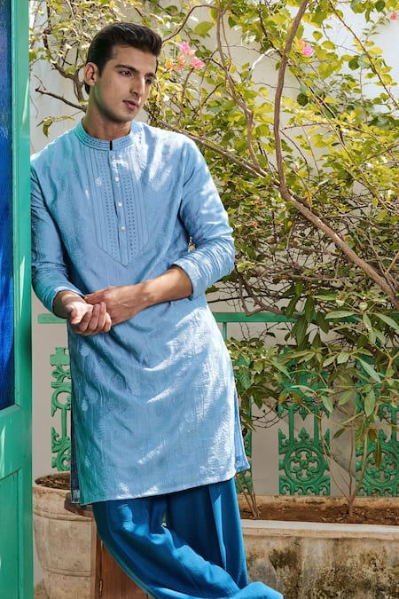 Philocaly Blue Chanderi Mirrors, Embroidery Self Thread Kurta Online at Aza Fashions Philocaly_Blue Chanderi Mirrors, Embroidery Self Thread Kurta _Online_at_Aza_Fashions