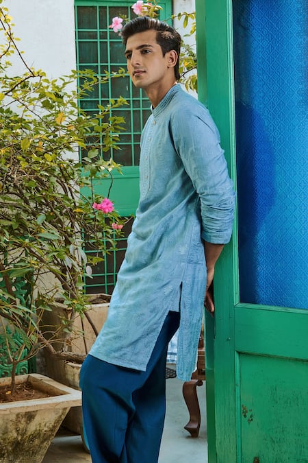 Buy Philocaly Blue Chanderi Mirrors, Embroidery Self Thread Kurta Online at Aza Fashions Buy_Philocaly_Blue Chanderi Mirrors, Embroidery Self Thread Kurta _Online_at_Aza_Fashions