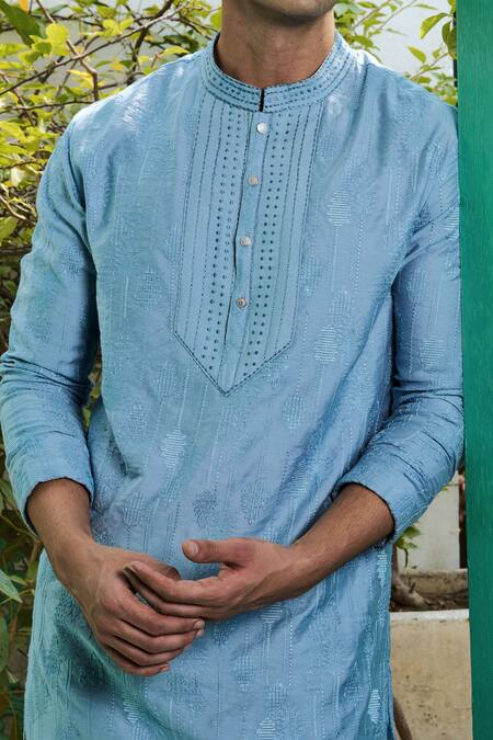 Shop Philocaly Blue Chanderi Mirrors, Embroidery Self Thread Kurta Online at Aza Fashions Shop_Philocaly_Blue Chanderi Mirrors, Embroidery Self Thread Kurta _Online_at_Aza_Fashions