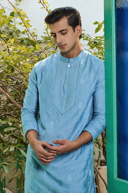 Philocaly Blue Chanderi Mirrors, Embroidery Self Thread Kurta at Aza Fashions Philocaly_Blue Chanderi Mirrors, Embroidery Self Thread Kurta _at_Aza_Fashions