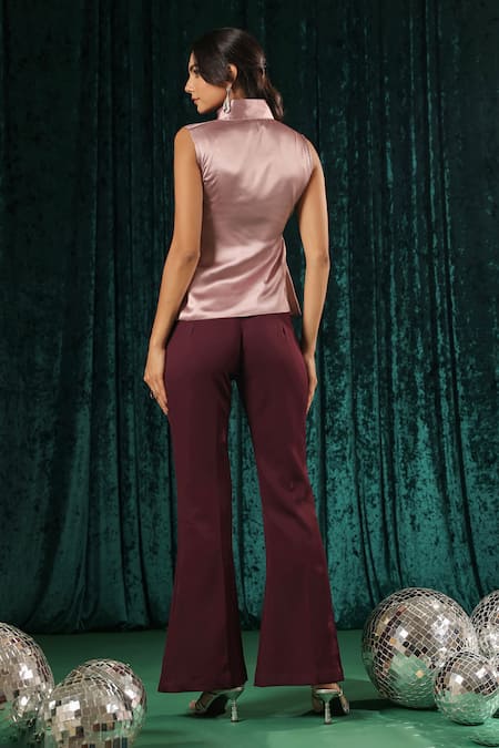 Shop_B'Infinite_Pink Satin Overlap Wrap Top And Bootcut Trouser Set _at_Aza_Fashions