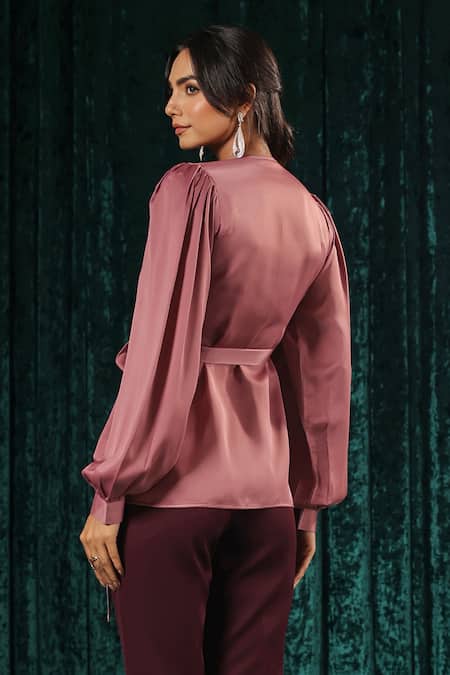 Shop_B'Infinite_Pink Satin Wrap Side Knot Top _at_Aza_Fashions