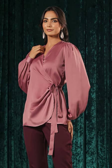 Buy_B'Infinite_Pink Satin Wrap Side Knot Top _Online_at_Aza_Fashions
