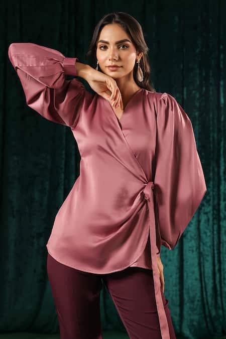 Shop_B'Infinite_Pink Satin Wrap Side Knot Top _Online_at_Aza_Fashions
