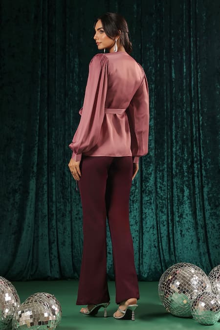 Shop_B'Infinite_Pink Satin Wrap Top And Bootcut Trouser Set _at_Aza_Fashions