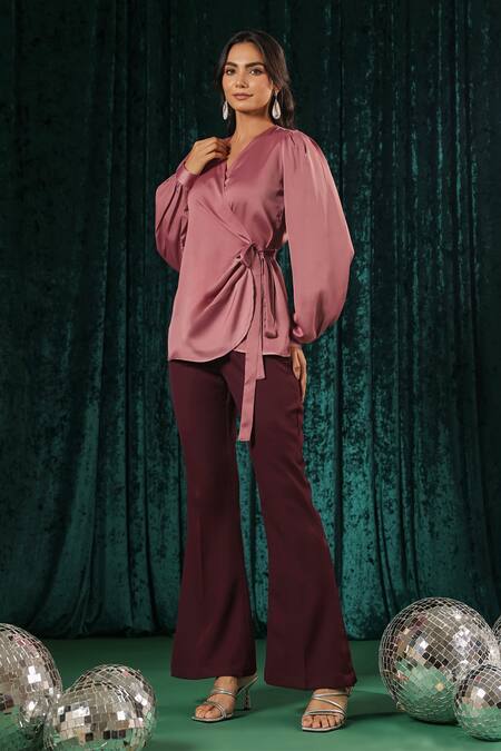 Shop_B'Infinite_Pink Satin Wrap Top And Bootcut Trouser Set _Online_at_Aza_Fashions