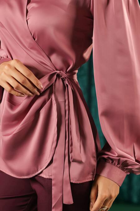 Buy_B'Infinite_Pink Satin Wrap Top And Bootcut Trouser Set 