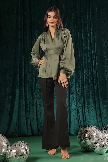 B'Infinite Green Satin Split V-neck Surplice Front Lantern Sleeve Top Online at Aza Fashions B'Infinite_Green Satin Split V-neck Surplice Front Lantern Sleeve Top _Online_at_Aza_Fashions