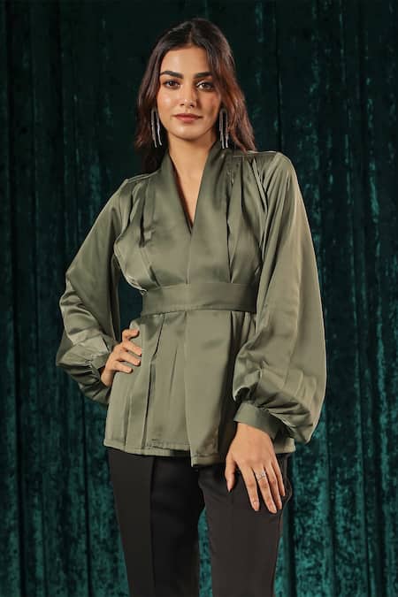 Shop B'Infinite Green Satin Split V-neck Surplice Top And Trouser Set Online at Aza Fashions Shop_B'Infinite_Green Satin Split V-neck Surplice Top And Trouser Set _Online_at_Aza_Fashions