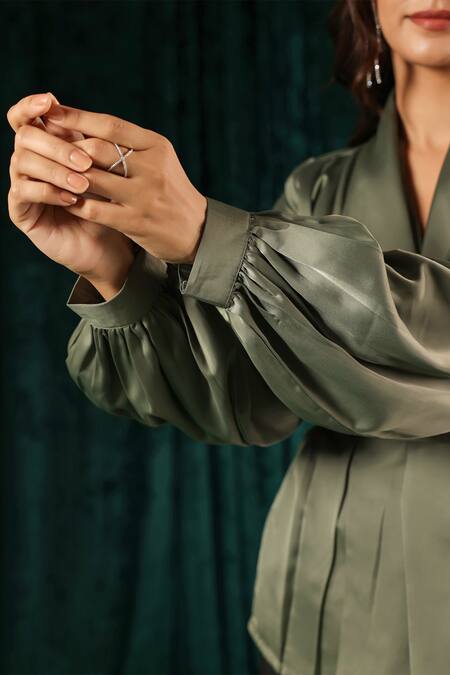 Buy B'Infinite Green Satin Split V-neck Surplice Top And Trouser Set Buy_B'Infinite_Green Satin Split V-neck Surplice Top And Trouser Set