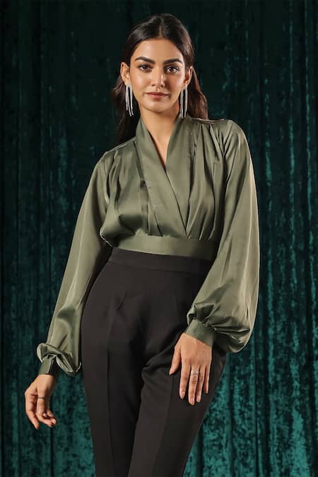 Shop B'Infinite Green Satin Split V-neck Surplice Top And Trouser Set Shop_B'Infinite_Green Satin Split V-neck Surplice Top And Trouser Set