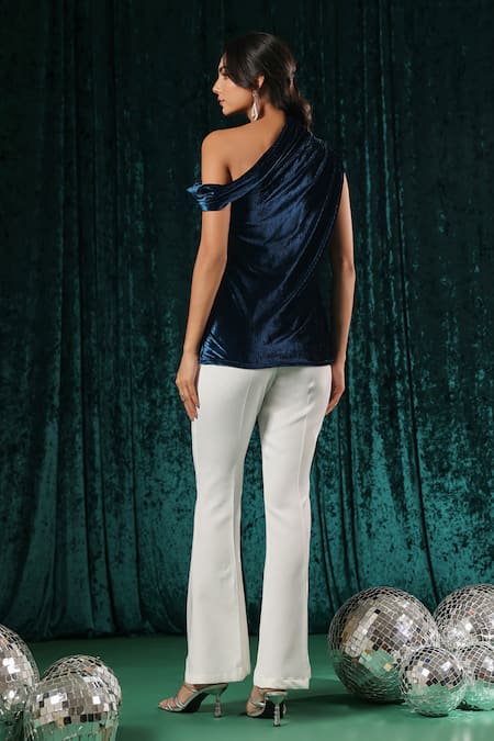Shop B'Infinite Blue Velvet, Polyester One Shoulder Celestial Top And Trouser Set at Aza Fashions Shop_B'Infinite_Blue Velvet, Polyester One Shoulder Celestial Top And Trouser Set _at_Aza_Fashions